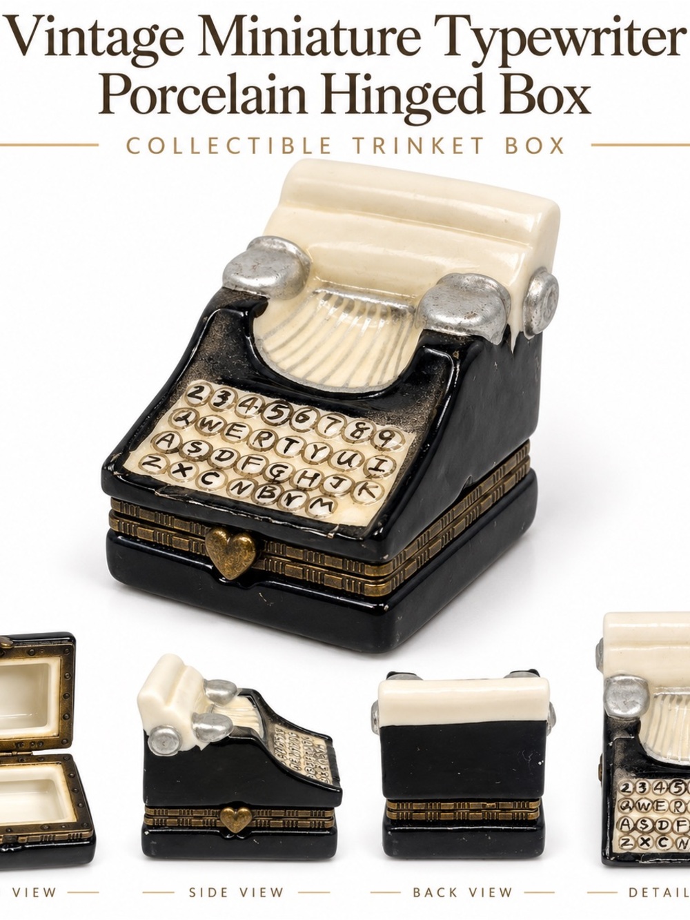 Vintage Miniature Typewriter Porcelain Hinged Trinket Box - Black & Cream